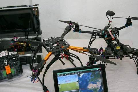 Drone production line on display for the final electronic static test Stock Photos