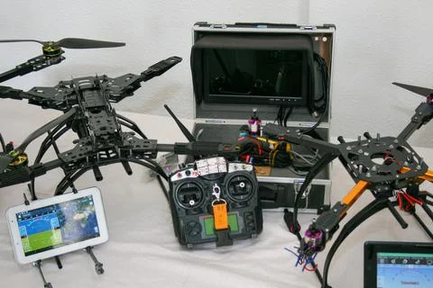 Drone production line on display for the final electronic static test Stock Photos