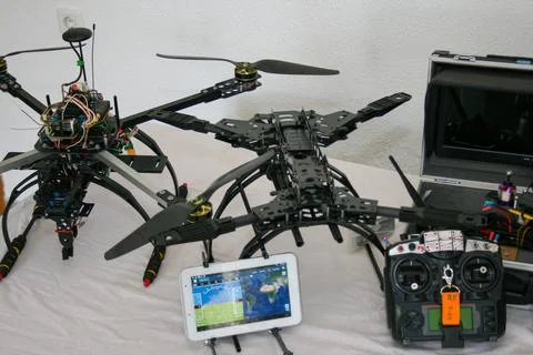 Drone production line on display for the final electronic static test Stock Photos