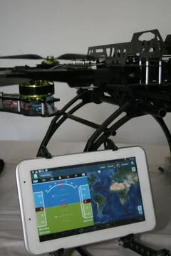 Drone production line on display for the final electronic static test Stock Photos