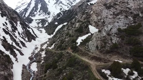 Drone Pull Away From Hikers At Mountain Road Fork. Kazakhstan, Sayram-Ugam Park Stock Footage 332936790