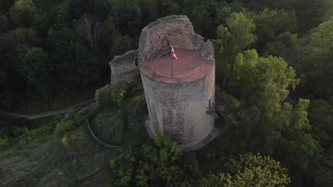 Drone Pull-Away from Michalovice Castle Ruins at Sunset – Czech Republic Stock Footage 314624402