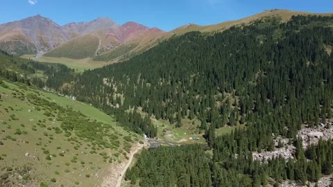 Drone Pull Away From Mountain Lake To Vista. Kyrgyzstan, Suttuu-Bulak Lake. Stock-Footage 332779063