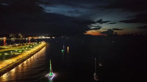 Drone Pull Away Nautical Parade Posadas Rio Paraná Storm Clouds Twilight Video stock 325963880