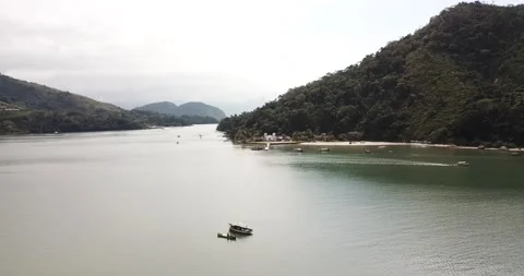 Drone Pull Back Aerial Shot of Ilha do Araújo and Bay in Paraty, Rio de Janeiro Stock Footage 320634870