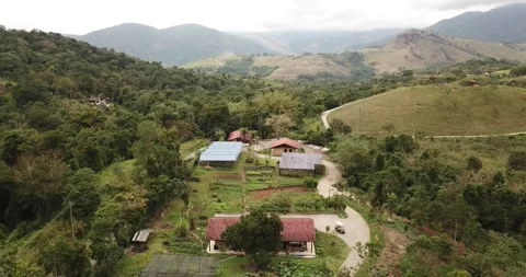 Drone Pull Back and Up Revealing the Landscape of a Organic Farm in Paraty. Stock Footage 320634834