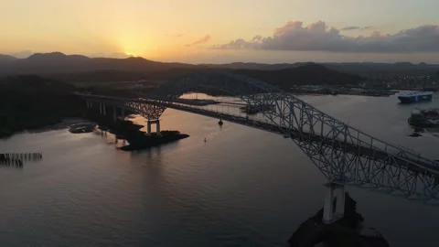 Drone Pull Back From Bridge Of The Americas At Golden Sunset Panama Canal Stock Footage 337378228