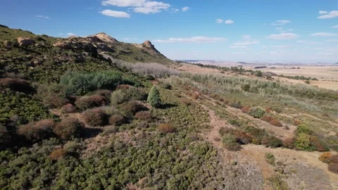 Drone-Pull Back From Farm &amp; Mountain Stock Footage 163272549