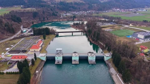 Drone pull back from hydro dam Stock Footage 330226907