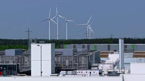 Drone Pull Back from Modern Data Center with Wind Turbines Germany Stock Footage 336102364