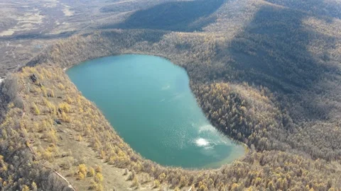 Drone Pull Back Over Volcanic Crater Lake Arxan Autumn Stock Footage 330236163