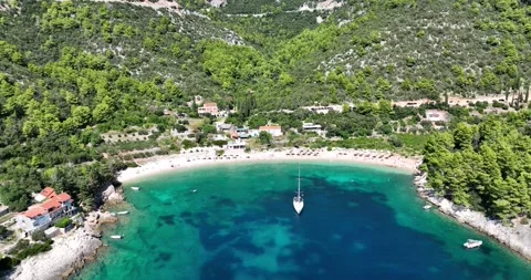 Drone Pull Back: Panoramic Pupnatska Luka Bay &amp; Nature, Korčula, Croatia Video stock 313410635