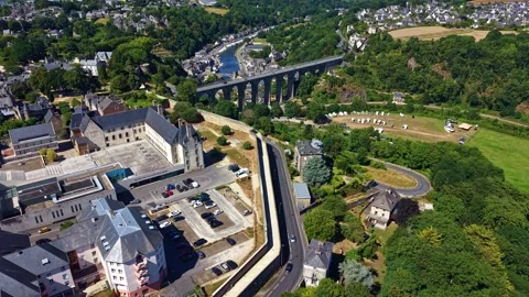 Drone Pull Back Revealing Dinan Viaduct and Rance Valley in Brittany Stock Footage 340601812