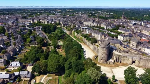 Drone Pull Back Revealing Dinan Castle and Historic Old Town France Stock Footage 340602165