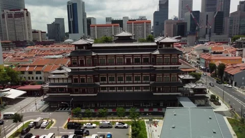 Drone Pull-Back Reveals Buddhist Temple Amid Urban Skyline, Singapore Stock Footage 315138820