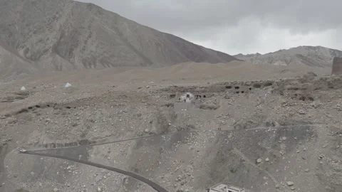 Drone Pull Out from Ladakh Monastery Entrance to Vast Himalayan Landscape with Stock Footage 335747220