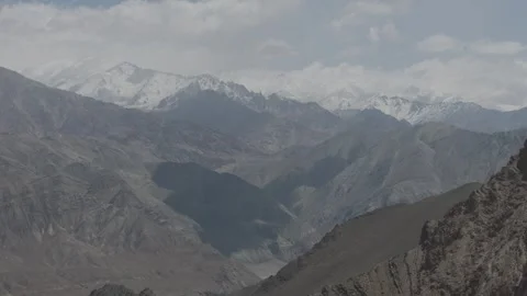Drone Pull Out Over Dramatic Ladakh Mountain Valley with Snow Peaks and Shadow Stock-Footage 335764877