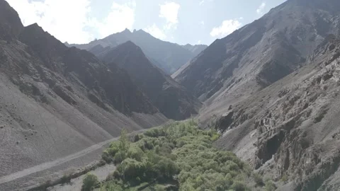 Drone Pull Out Shot Revealing a Beautiful Dry Mountain Valley in Ladakh with a Stock Footage 334402246