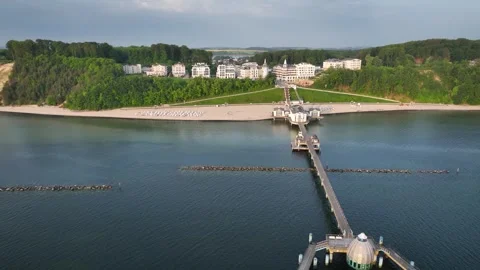 Drone pull-out shot of Sellin Pier. Stock Footage 339426824