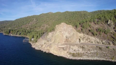 Drone Pullback Of Cave Rock Tunnel With Cars At Lake Tahoe Video stock 334342514