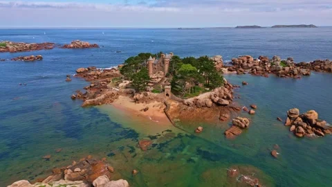 Drone Pullback of Château de Costaérès on Granite Islet - Trégastel in Brittany Stock-Footage 313116056