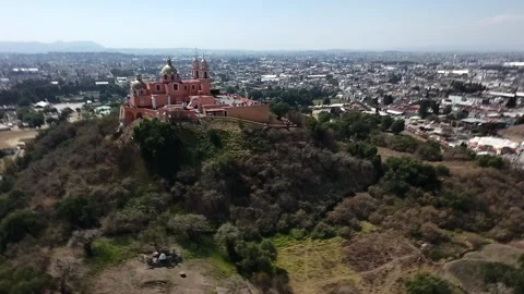 Drone Pullback From Cholula Pyramid Church Puebla Mexico Stock Footage 332554003