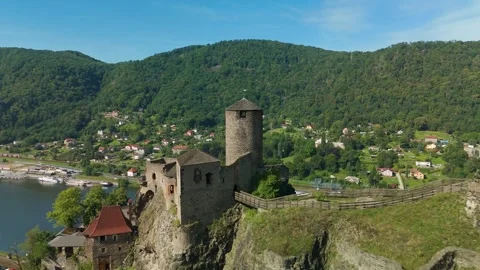 Drone Pullback from Hrad Střekov Castle Tower in the Czech Republic Stock Footage 314613876