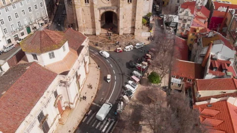 Drone Pullback From Lisbon Cathedral With City Reveal Video stock 332978768