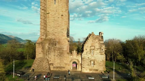 Drone Pullback from National Wallace Monument Entrance, Stirling, Scotland Stock Footage 274265242
