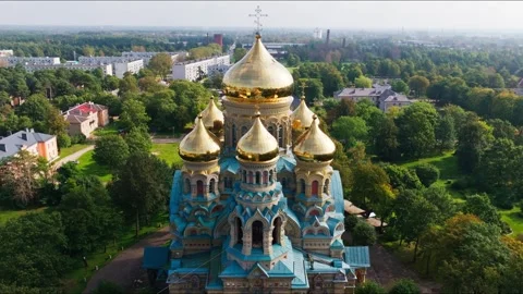 Drone pullback from Naval Cathedral showing Karosta district Liepaja Stock Footage 333901563