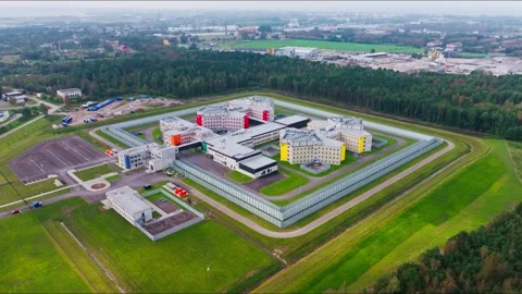 Drone Pullback New Liepaja Prison Latvia Modern Secured Complex Stock Footage 333431123