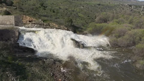 Drone pullback over dam spillway waterfall Stock-Footage 331156691