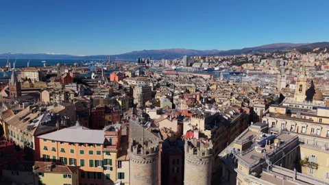 Drone Pullback Over Historic Genoa and Port Stock Footage 331933625