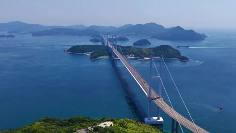 Drone Pullback Over Kurushima Kaikyo Bridge and Inland Sea Video stock 342255690