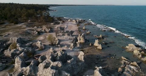 Drone Pullback Over Raukfält Sea Stacks at Folhammar, Gotland Sweden Stock Footage 331371435