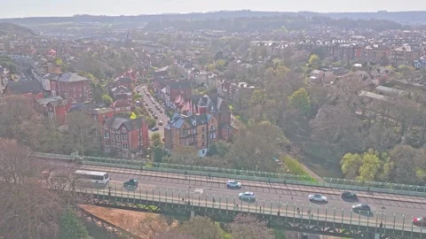 Drone pullback over Valley Bridge and A165 with South Cliff buildings Stock-Footage 333978184