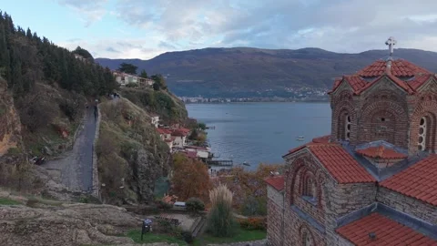 Drone Pullback Reveal of Church of Saint John at Kaneo, Ohrid Stock Footage 332142922