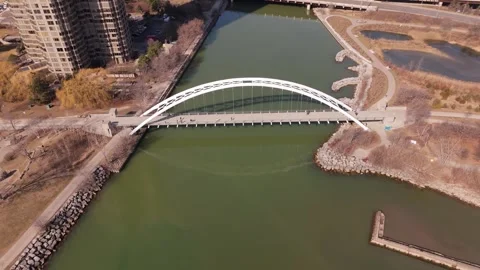 Drone pullback reveal of Humber River and Gardiner Expressway. 4K. Stock Footage 267088273