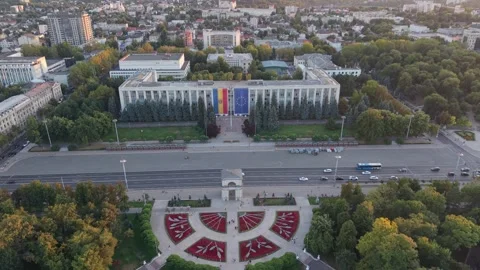 Drone Pullback Revealing Chisinau Government Building and Cathedral Park Stock Footage 342392673