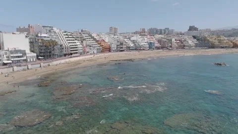 Drone Pullback Revealing Las Canteras Beach and Cityscape, Las Palmas de Gran Stock Footage 333007918