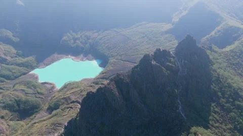 Drone Pullback Revealing Mount Kelud Crater Lake and Volcanic Stock Footage 340180781