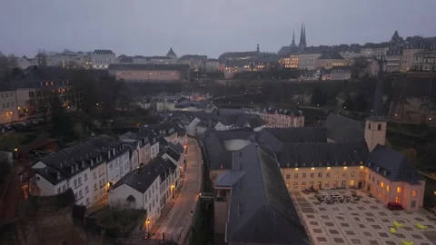 Drone Pullback Revealing Neumünster Abbey and Luxembourg Cityscape at Dawn Stock-Footage 333263679