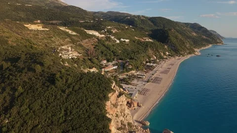 Drone Pullback Revealing Stunning Sandy Beach and Turquoise Coastline in Greece Stock-Footage 337003114