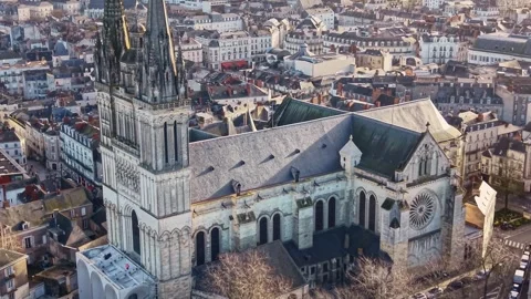 Drone Pullback Saint-Maurice Cathedral Angers Stock Footage 332118847