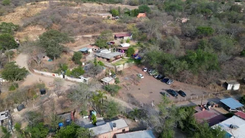 Drone pullback shot from small rural hacienda revealing El Chilar village Stock-Footage 320132739
