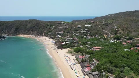 Drone Pullback Showing Shore Valley Meeting the Open Ocean Mazunte Mexico Stock Footage 321707802