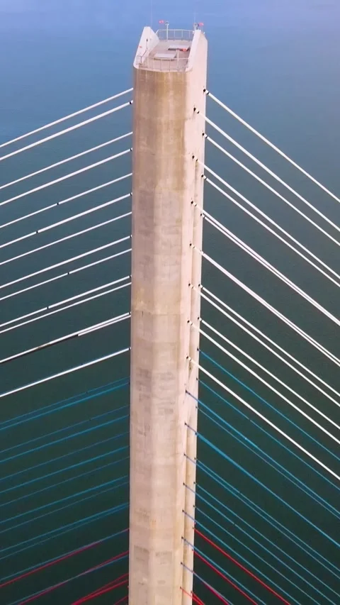 Drone Pullback from the Summit of the Russky Bridge Pylon, Vladivostok, Russia, Stock Footage 340980130