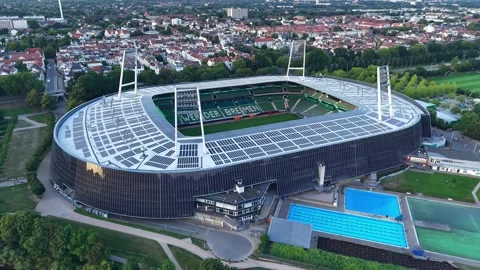 Drone Pullback from Weserstadion at Sunset in Bremen, Germany Stock Footage 341479591