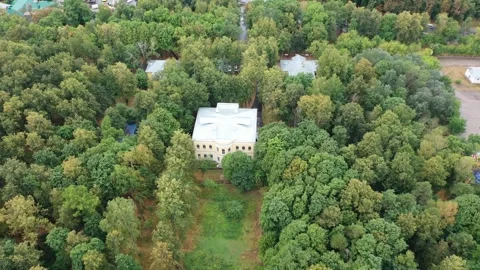 Drone pulling away from manor in forest Video stock 327224285