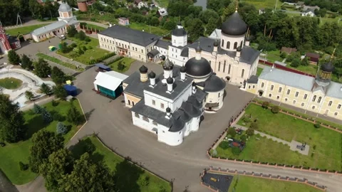 Drone pulling away from monastery complex Stock Footage 325438478